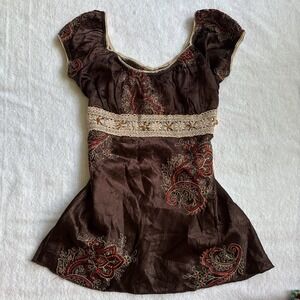 vintage y2k Heart Soul Brown Paisley Embroidered Boho Babydoll blouse